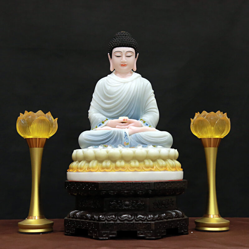 Tượng Phật Thích Ca Mâu Ni Ngồi Tĩnh Tâm Bằng Bột Đá Sơn Xanh Viền Hoa, Cao 40cm