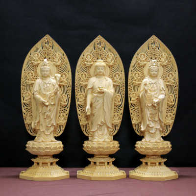 Bộ Tượng Tây Phương Tam Thánh Viền Dát Vàng Bằng Gỗ Bách Có Lá Đề, Cao 43cm