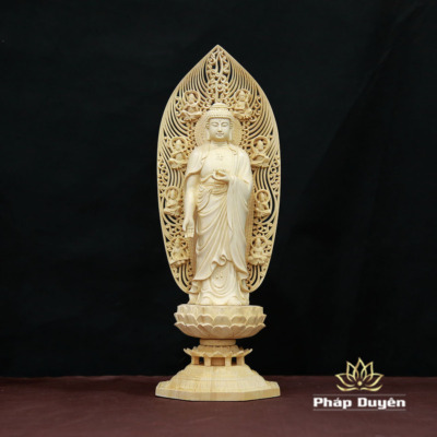 Alternative view of Bộ Tượng Tây Phương Tam Thánh Bằng Gỗ Bách Có Lá Đề, Cao 43cm