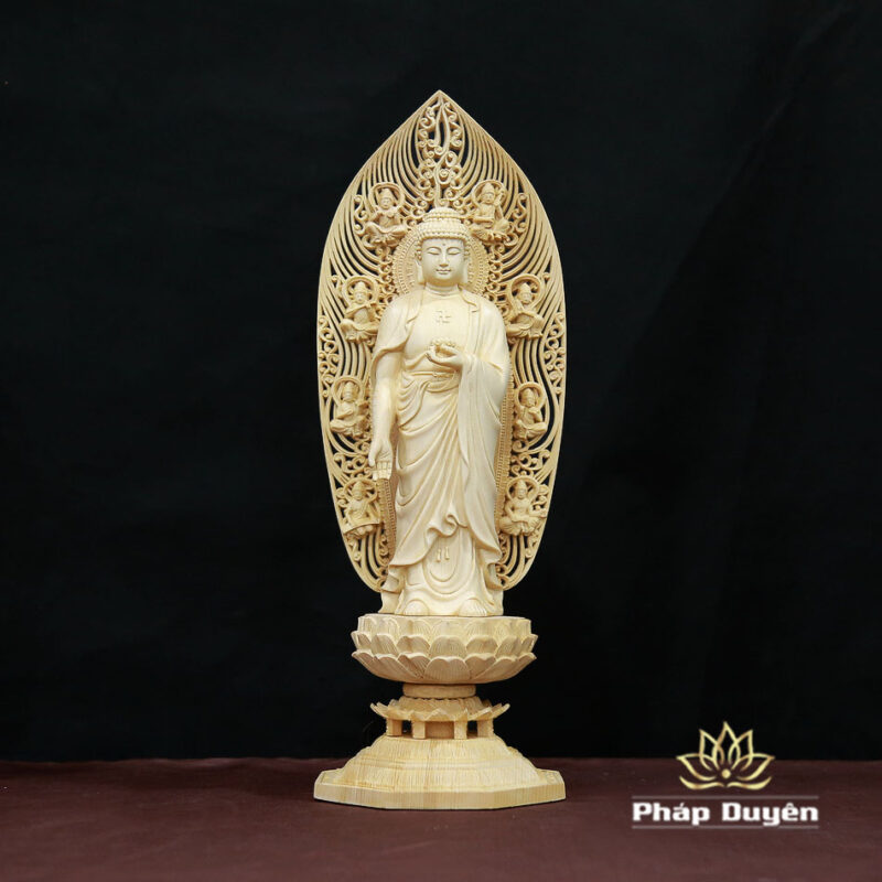 Bộ Tượng Tây Phương Tam Thánh Bằng Gỗ Bách Có Lá Đề, Cao 43cm - Ảnh 2