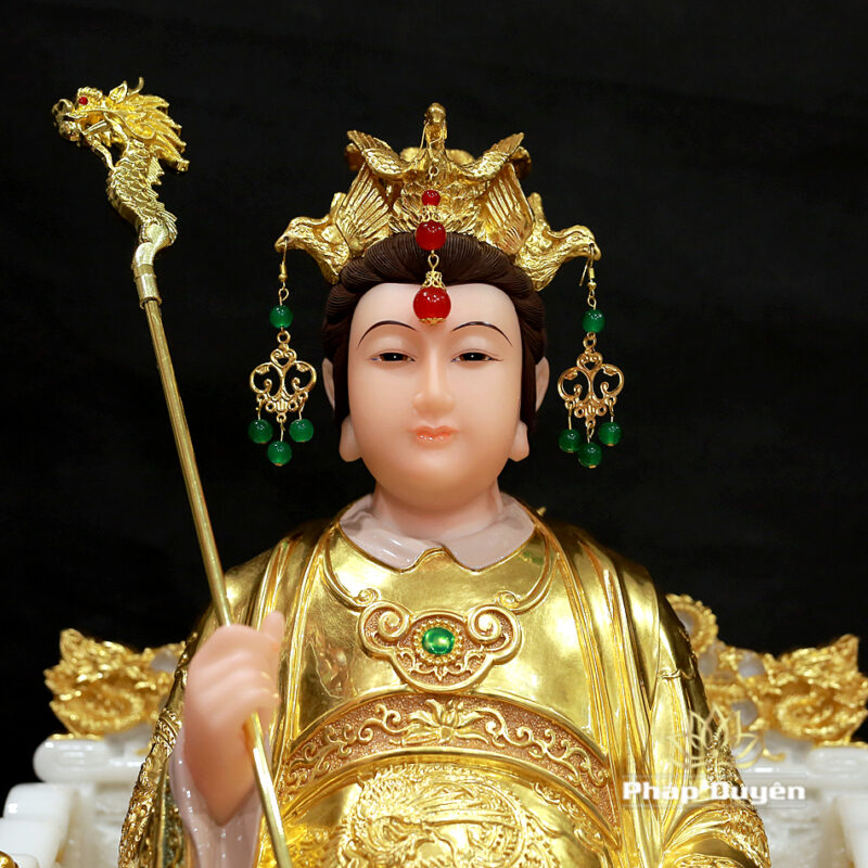 Tượng Vương Mẫu Nương Nương (Diêu Trì) Ngồi Ngai Rồng, Bằng Bột Đá Dát Vàng, Cao 48cm - Ảnh 2