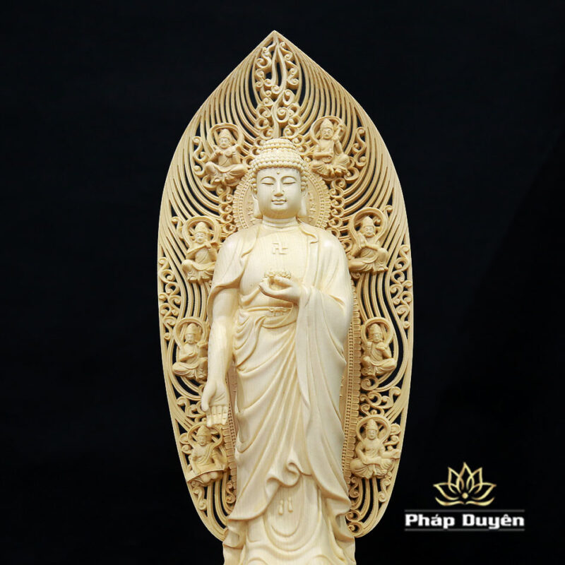 Bộ Tượng Tây Phương Tam Thánh Bằng Gỗ Bách Có Lá Đề, Cao 43cm - Ảnh 5