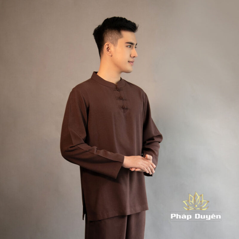 Bộ Cư Sĩ Nam Cổ Trụ Tay Dài Vải Linen, Màu Nâu Đen, Nhiều Size - Ảnh 2