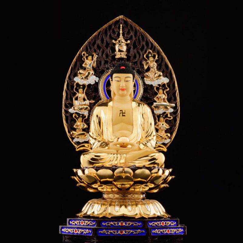Bộ Tượng Tây Phương Tam Thánh Bằng Đồng Dát Vàng Cao 52cm (Tổng Lá Đề 68cm) - Ảnh 2