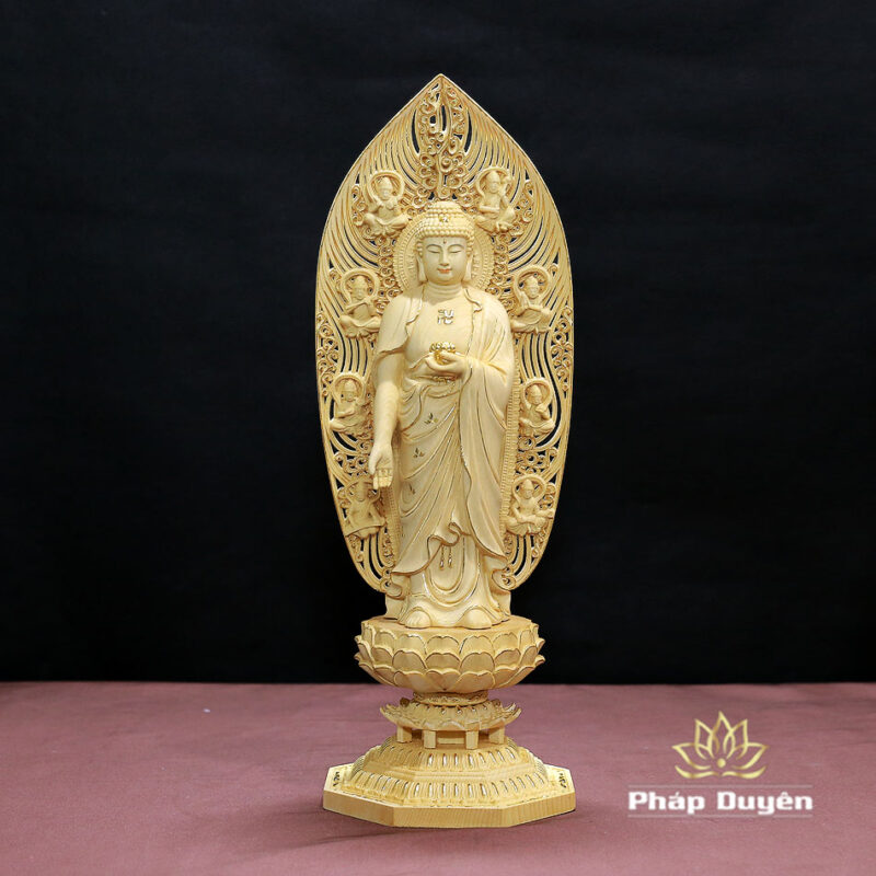 Bộ Tượng Tây Phương Tam Thánh Viền Dát Vàng Bằng Gỗ Bách Có Lá Đề, Cao 43cm - Ảnh 2