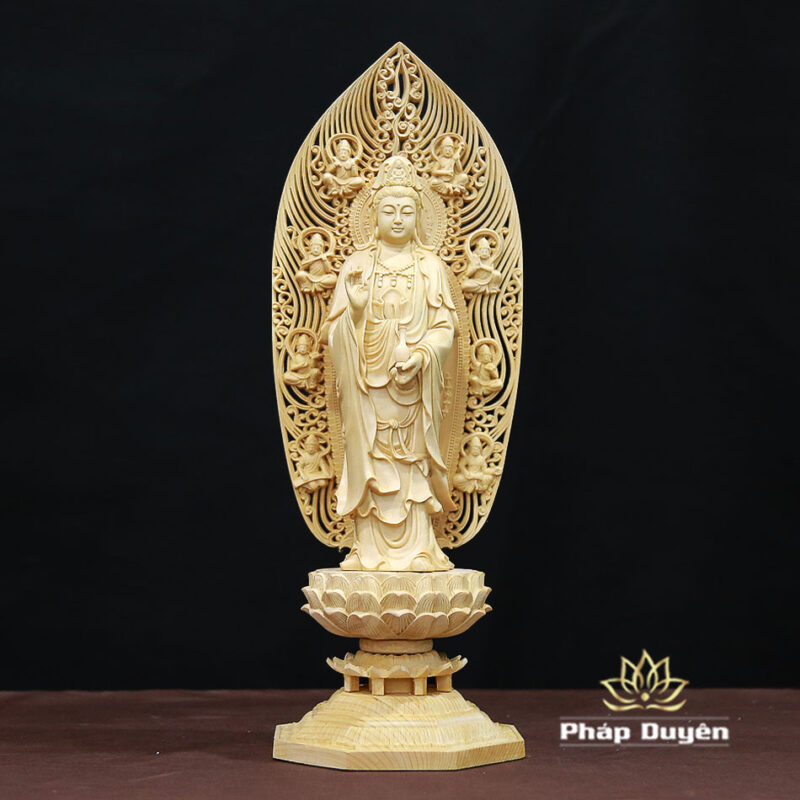 Bộ Tượng Tây Phương Tam Thánh Bằng Gỗ Bách Có Lá Đề, Cao 43cm - Ảnh 7