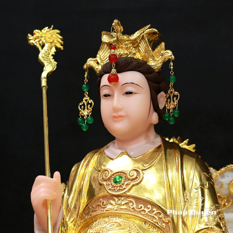 Tượng Vương Mẫu Nương Nương (Diêu Trì) Ngồi Ngai Rồng, Bằng Bột Đá Dát Vàng, Cao 48cm - Ảnh 3