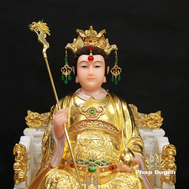Tượng Vương Mẫu Nương Nương (Diêu Trì) Ngồi Ngai Rồng, Bằng Bột Đá Dát Vàng, Cao 48cm - Ảnh 4