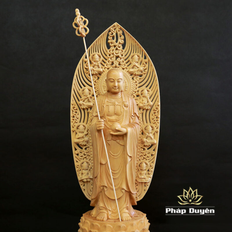 Tượng Địa Tạng Vương Bằng Gỗ Bách Có Lá Đề, Cao 43cm - Ảnh 4