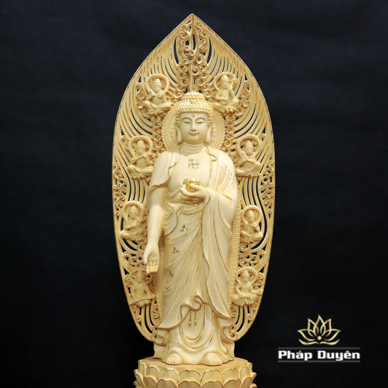 Bộ Tượng Tây Phương Tam Thánh Viền Dát Vàng Bằng Gỗ Bách Có Lá Đề, Cao 43cm - Ảnh 5