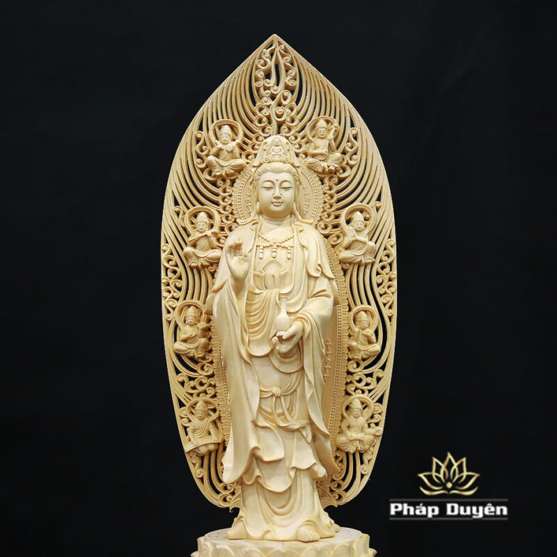 Bộ Tượng Tây Phương Tam Thánh Bằng Gỗ Bách Có Lá Đề, Cao 43cm - Ảnh 10