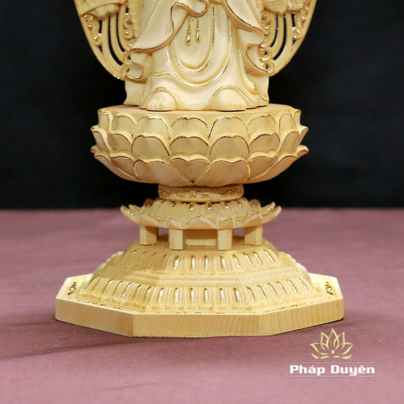 Bộ Tượng Tây Phương Tam Thánh Viền Dát Vàng Bằng Gỗ Bách Có Lá Đề, Cao 43cm - Ảnh 6