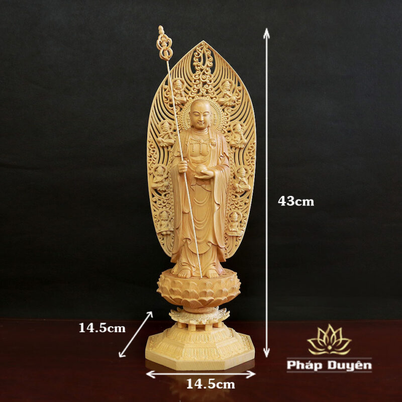 Tượng Địa Tạng Vương Bằng Gỗ Bách Có Lá Đề, Cao 43cm - Ảnh 6