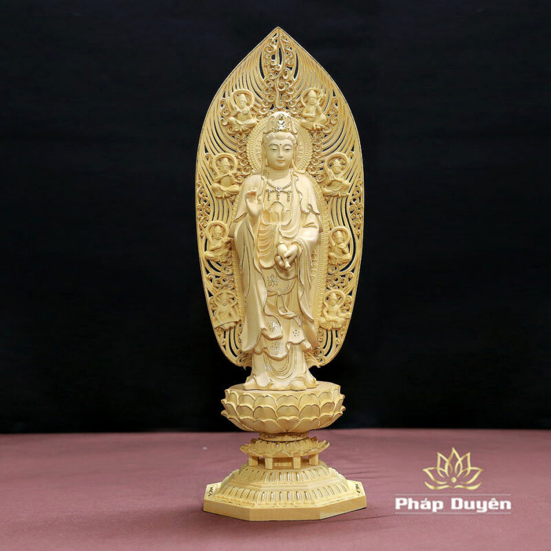 Bộ Tượng Tây Phương Tam Thánh Viền Dát Vàng Bằng Gỗ Bách Có Lá Đề, Cao 43cm - Ảnh 7