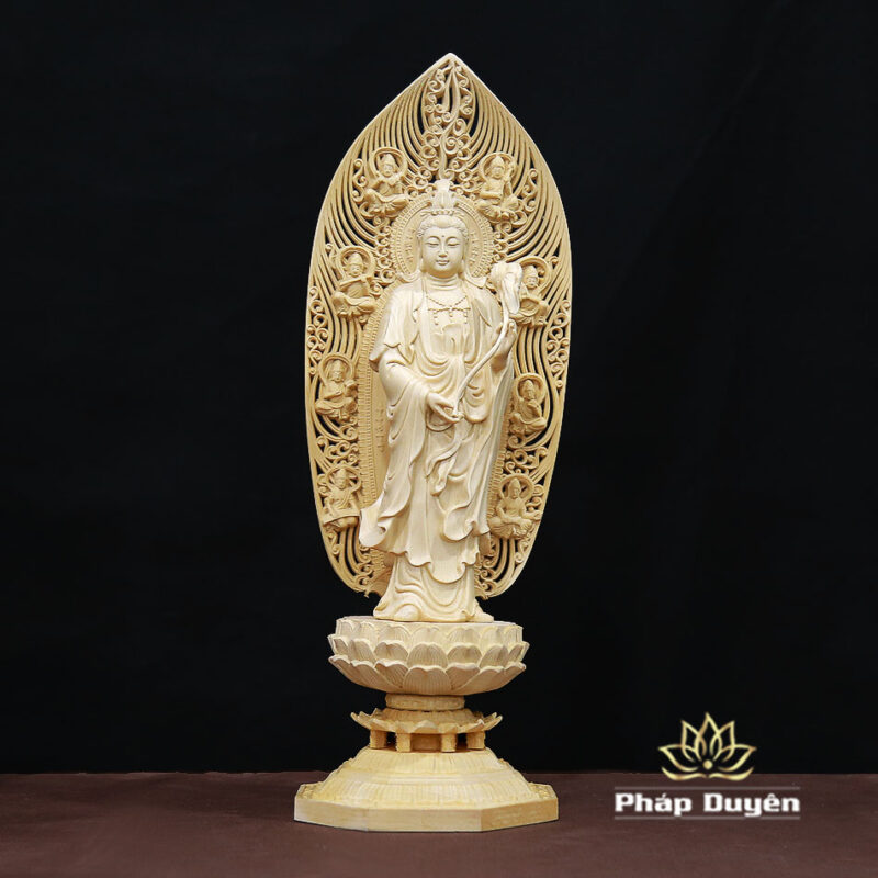 Bộ Tượng Tây Phương Tam Thánh Bằng Gỗ Bách Có Lá Đề, Cao 43cm - Ảnh 12
