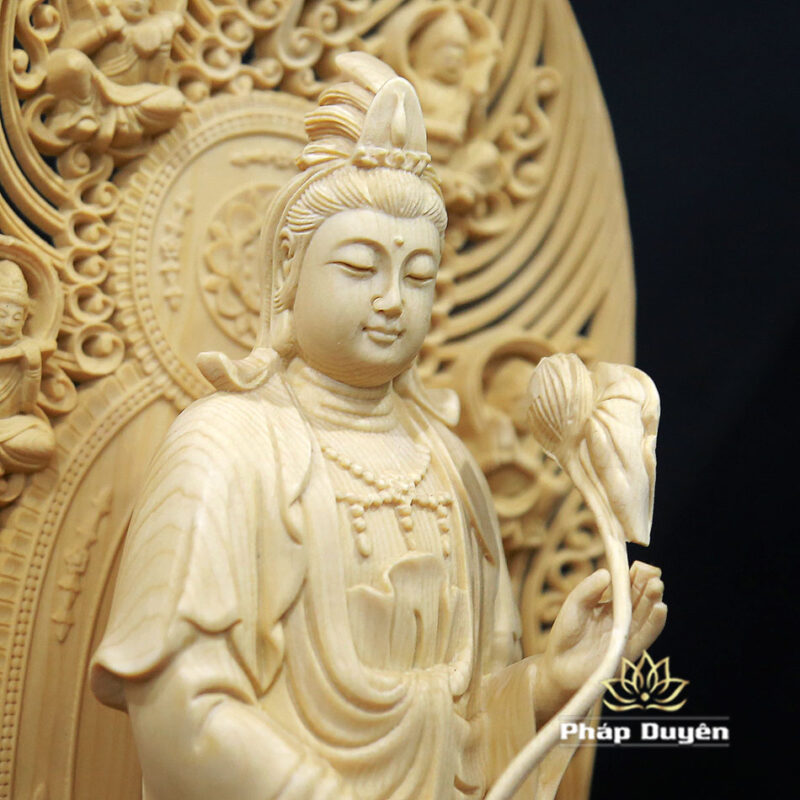 Bộ Tượng Tây Phương Tam Thánh Bằng Gỗ Bách Có Lá Đề, Cao 43cm - Ảnh 14