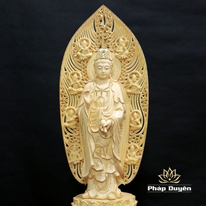 Bộ Tượng Tây Phương Tam Thánh Viền Dát Vàng Bằng Gỗ Bách Có Lá Đề, Cao 43cm - Ảnh 10