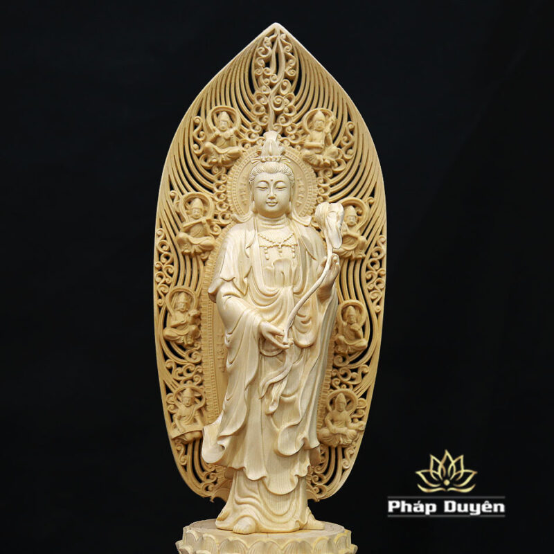 Bộ Tượng Tây Phương Tam Thánh Bằng Gỗ Bách Có Lá Đề, Cao 43cm - Ảnh 15