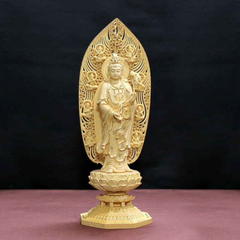 Bộ Tượng Tây Phương Tam Thánh Viền Dát Vàng Bằng Gỗ Bách Có Lá Đề, Cao 43cm - Ảnh 12