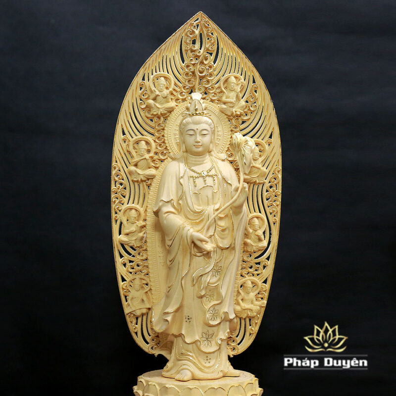 Bộ Tượng Tây Phương Tam Thánh Viền Dát Vàng Bằng Gỗ Bách Có Lá Đề, Cao 43cm - Ảnh 15