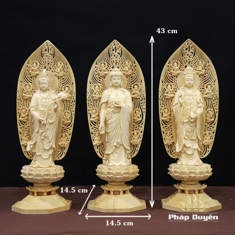 Bộ Tượng Tây Phương Tam Thánh Bằng Gỗ Bách Có Lá Đề, Cao 43cm - Ảnh 17