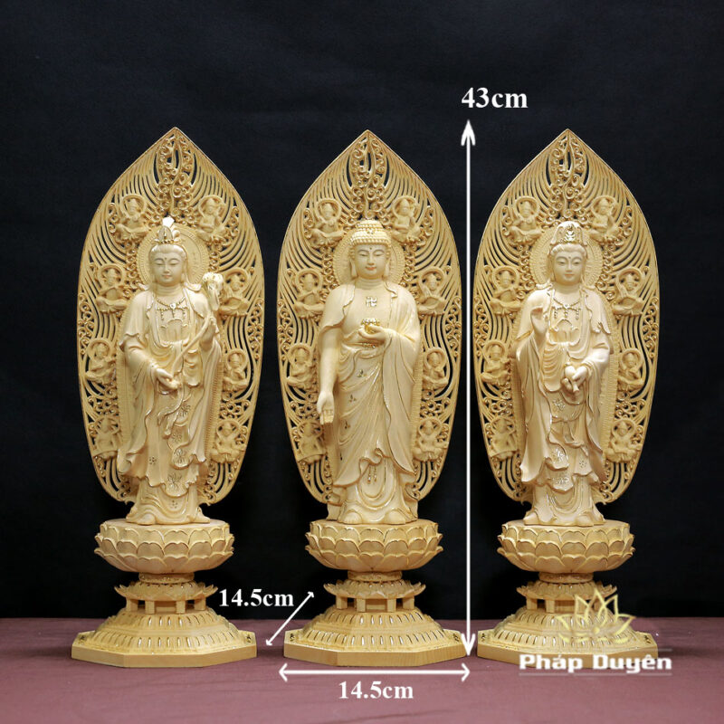 Bộ Tượng Tây Phương Tam Thánh Viền Dát Vàng Bằng Gỗ Bách Có Lá Đề, Cao 43cm - Ảnh 17