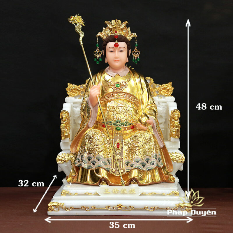 Tượng Vương Mẫu Nương Nương (Diêu Trì) Ngồi Ngai Rồng, Bằng Bột Đá Dát Vàng, Cao 48cm - Ảnh 6
