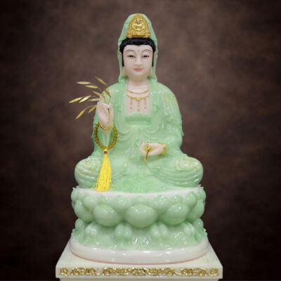 Tượng Bồ Tát Quan Âm Ngồi, Bột Đá Xanh Ngọc Vẽ Hoa 3D, Cao 48cm