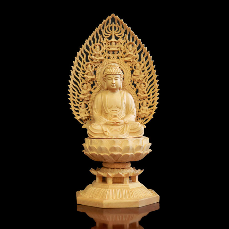 Tượng Phật Bổn Sư Thích Ca Bằng Gỗ Bách, Cao 28cm (Cả Lá Đề)