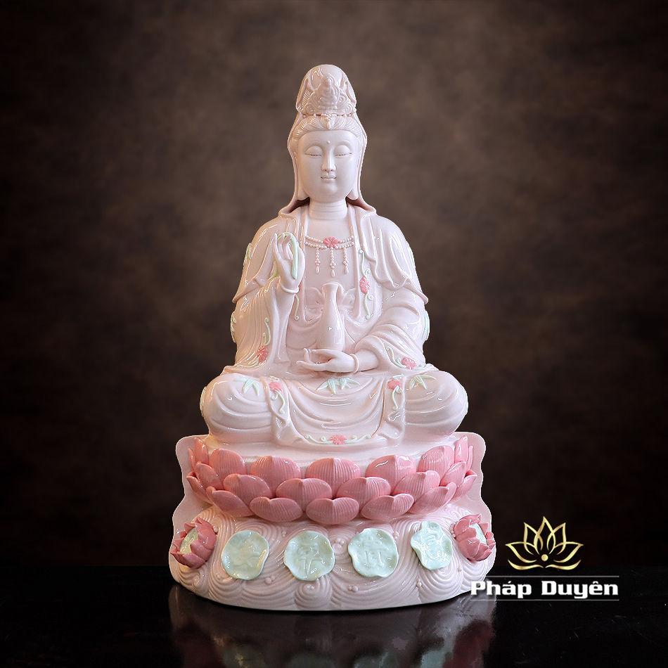 Tượng Quan Âm Bồ Tát Ngồi, Bằng Sứ, Màu Hồng, Nhiều Kích Thước - ảnh 10