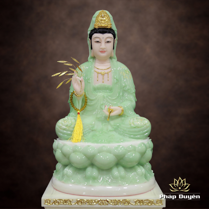 Tượng Bồ Tát Quan Âm Ngồi, Bột Đá Xanh Ngọc Vẽ Hoa 3D, Cao 48cm - ảnh 11