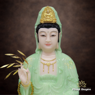 Hình ảnh bổ sung của Tượng Bồ Tát Quan Âm Ngồi, Bột Đá Xanh Ngọc Vẽ Hoa 3D, Cao 48cm