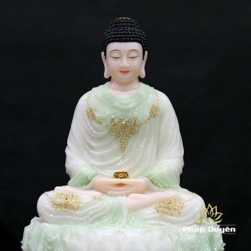 Tượng Phật Thích Ca Tĩnh Tâm Ngồi Non Nước Bằng Bột Đá Cẩm Thạch Màu Thiên Thanh, Cao 48cm - Ảnh 4