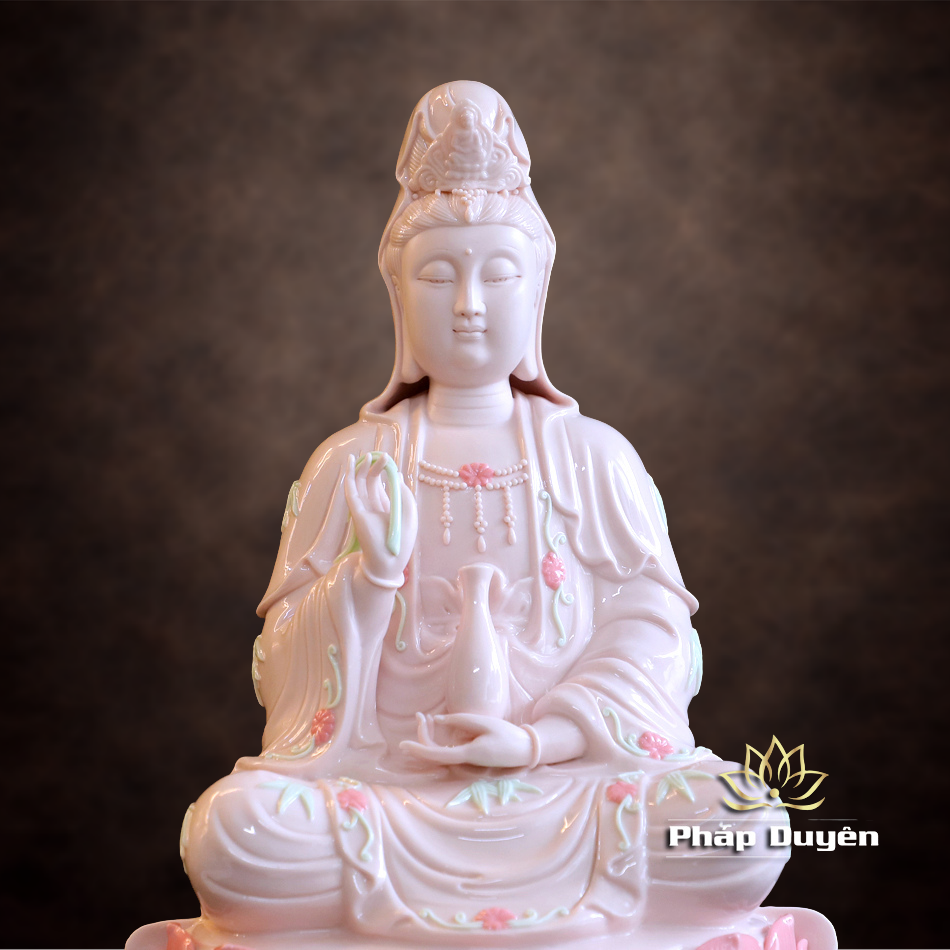 Tượng Quan Âm Bồ Tát Ngồi, Bằng Sứ, Màu Hồng, Nhiều Kích Thước - ảnh 13