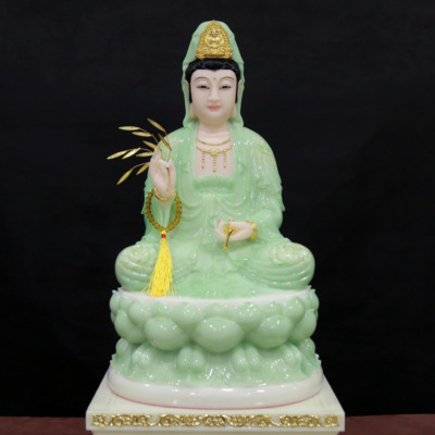 Tượng Bồ Tát Quan Âm Ngồi, Bột Đá Xanh Ngọc Vẽ Hoa 3D, Cao 48cm