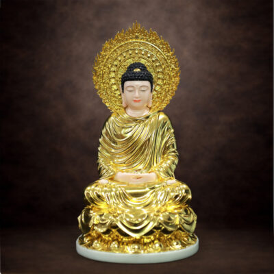 Tượng Phật Thích Ca Ngồi Tĩnh Tâm Bằng Bột Đá Dát Vàng Có Hào Quang, Cao 48cm (Tổng lá đề 60cm)