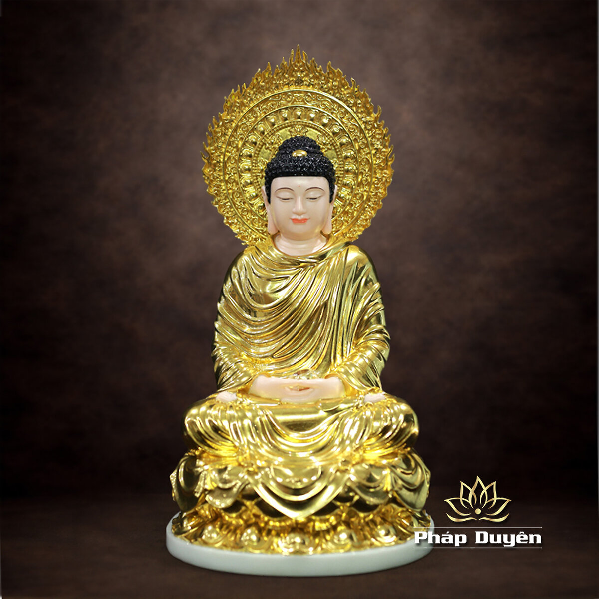 Tượng Phật Thích Ca Ngồi Tĩnh Tâm Bằng Bột Đá Dát Vàng Có Hào Quang, Cao 48cm (Tổng lá đề 60cm) - ảnh 10