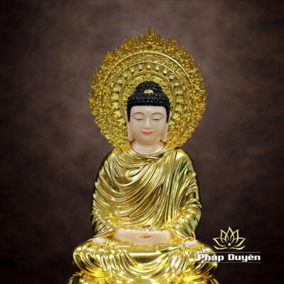 Alternative view of Tượng Phật Thích Ca Ngồi Tĩnh Tâm Bằng Bột Đá Dát Vàng Có Hào Quang, Cao 48cm (Tổng lá đề 60cm)