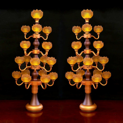 Đôi Đèn 19 Bông Hoa Sen Thủy Lưu Ly Thân Cổ, Cao 80cm