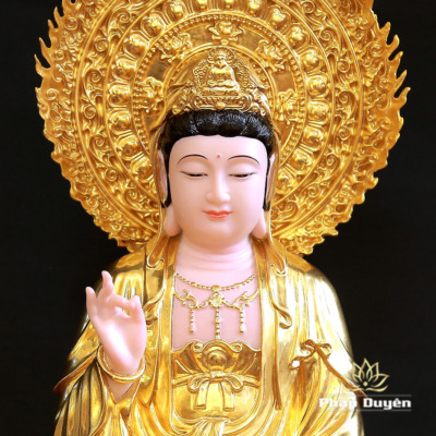 Alternative view of Tượng Quan Âm Bồ Tát Ngồi Đế Sen Bằng Bột Đá Dát Vàng 998, Cao 40cm (Tổng lá đề Cao 51cm)