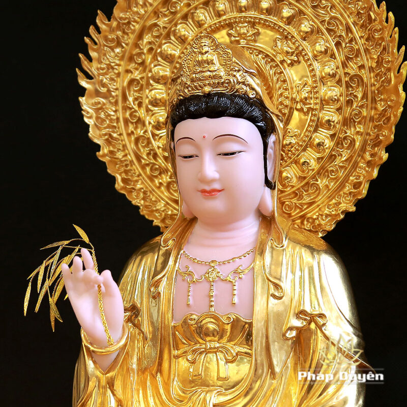Tượng Quan Âm Bồ Tát Ngồi Đế Sen Bằng Bột Đá Dát Vàng 998, Cao 40cm (Tổng lá đề Cao 51cm) - Ảnh 3