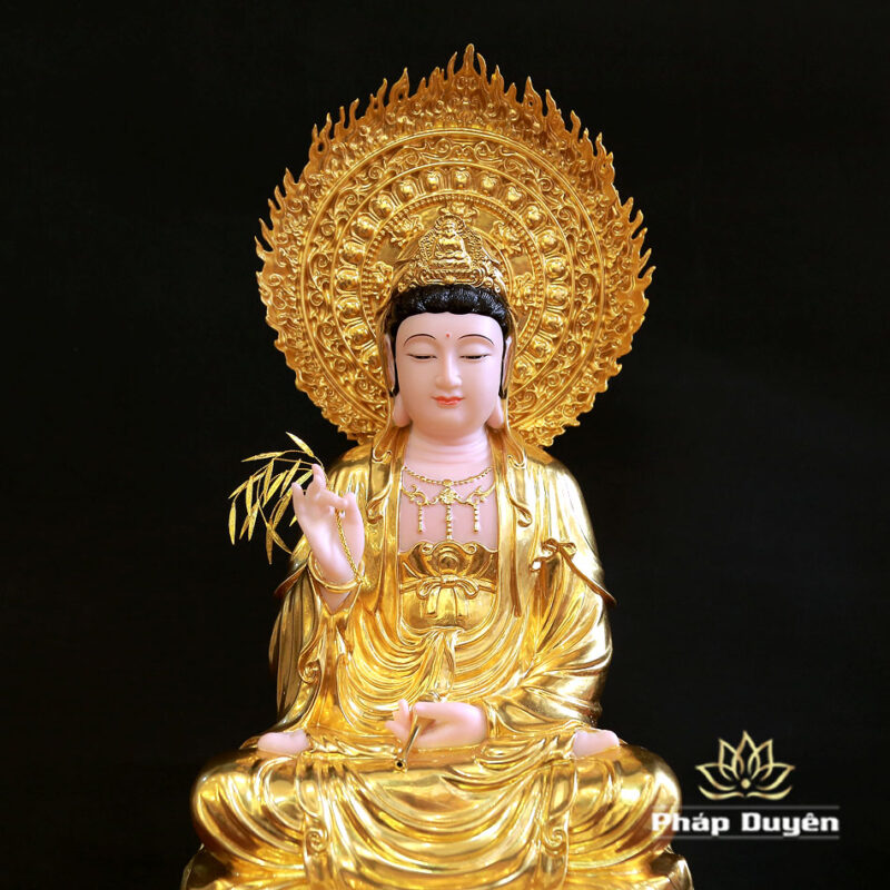 Tượng Quan Âm Bồ Tát Ngồi Đế Sen Bằng Bột Đá Dát Vàng 998, Cao 40cm (Tổng lá đề Cao 51cm) - Ảnh 4