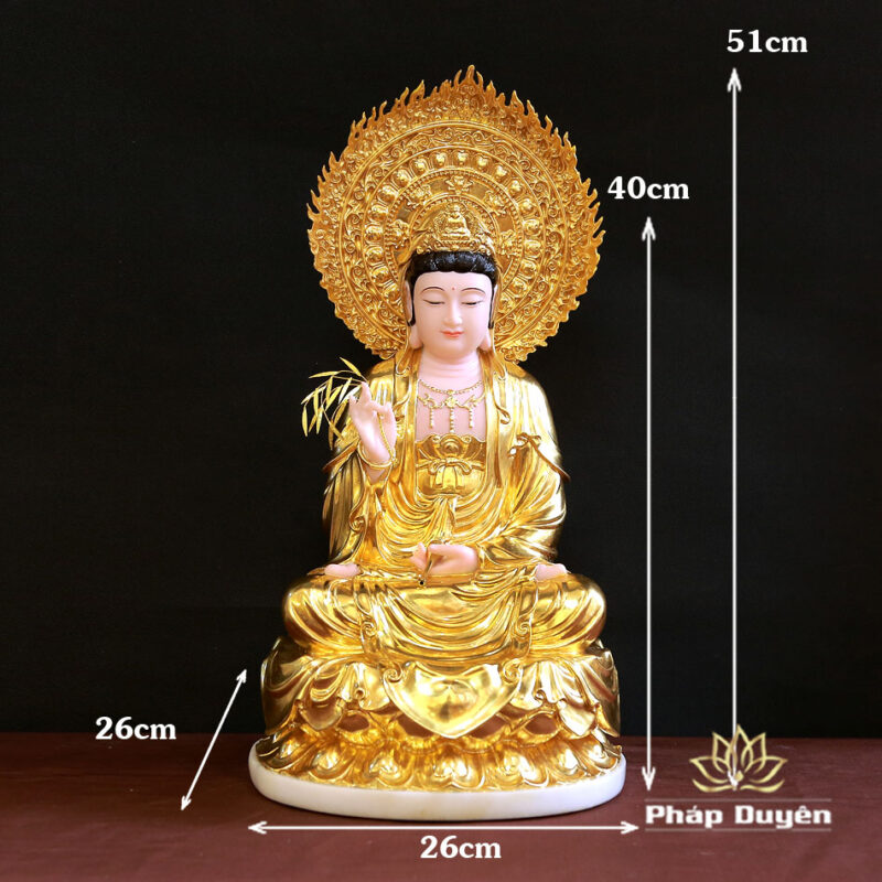 Tượng Quan Âm Bồ Tát Ngồi Đế Sen Bằng Bột Đá Dát Vàng 998, Cao 40cm (Tổng lá đề Cao 51cm) - Ảnh 6