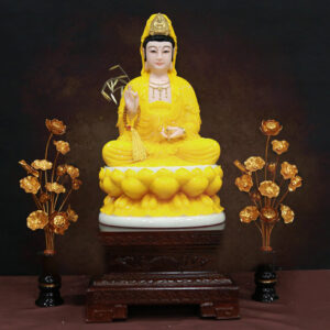 Tượng Quan Âm Bồ Tát Ngồi Bằng Bột Đá, Màu Vàng Hổ Phách, Cao 36cm, 40cm, 48cm, 66cm