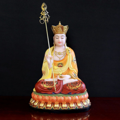 Tượng Địa Tạng Vương Ngồi Đài Sen, Bằng Bột Đá Vẽ Gấm Viền Vàng, Cao 48cm