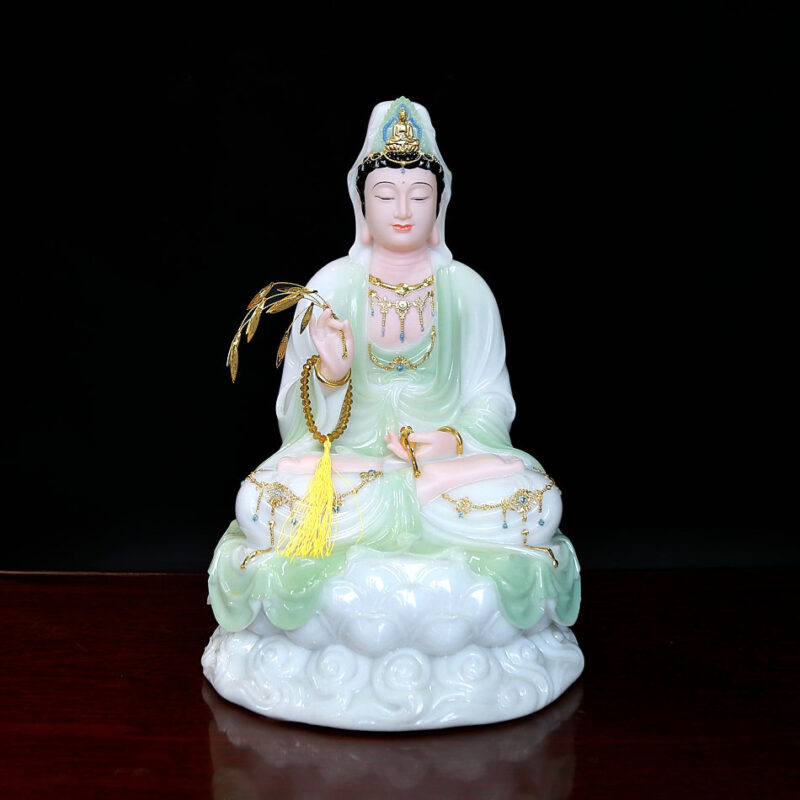 Tượng Bồ Tát Quan Âm Ngồi Đế Mây Bằng Bột Đá Cẩm Thạch Màu Thanh Thiên, Cao 40cm