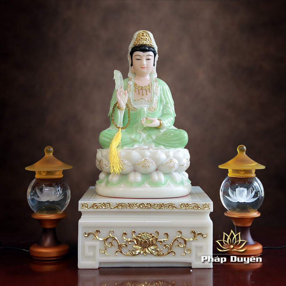 Tượng Quan Âm Bồ Tát Ngồi Đài Sen, Bằng Bột Đá Xanh Trắng Viền Vàng, Cao 30cm (Không Đế) - ảnh 10