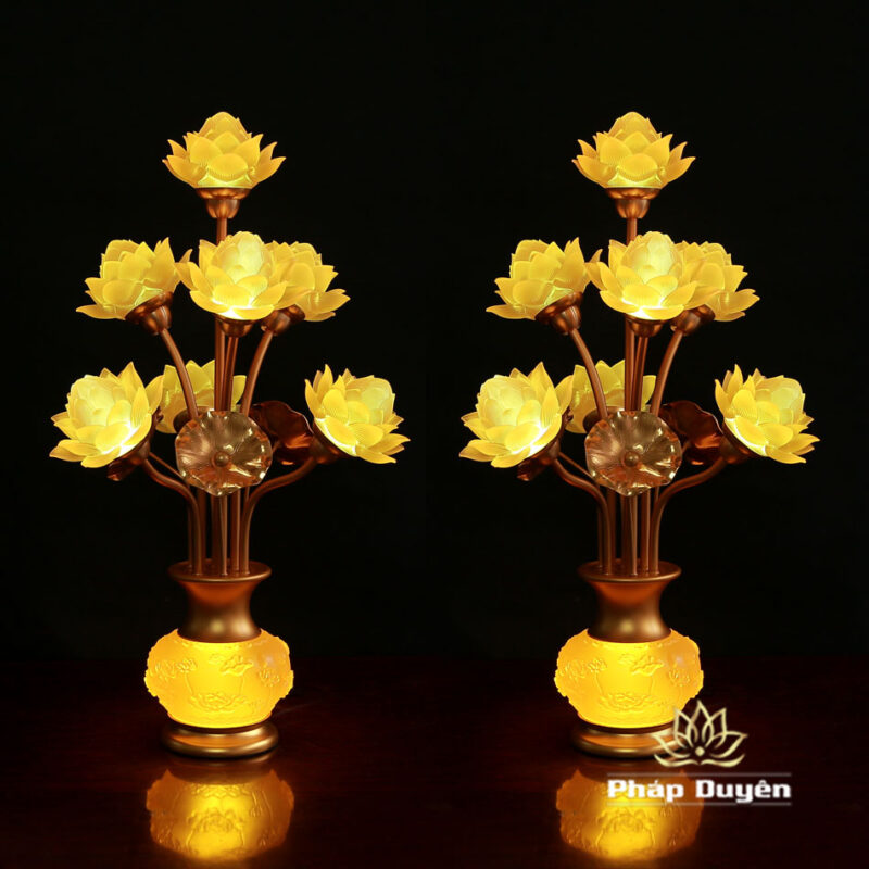 Đôi Đèn Bình Hoa Thịnh Thế Hoa Khai 7 Bông Có Lá Sen, Cao 50cm - Ảnh 2
