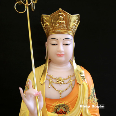 Alternative view of Tượng Địa Tạng Vương Ngồi Đài Sen, Bằng Bột Đá Vẽ Gấm Viền Vàng, Cao 48cm