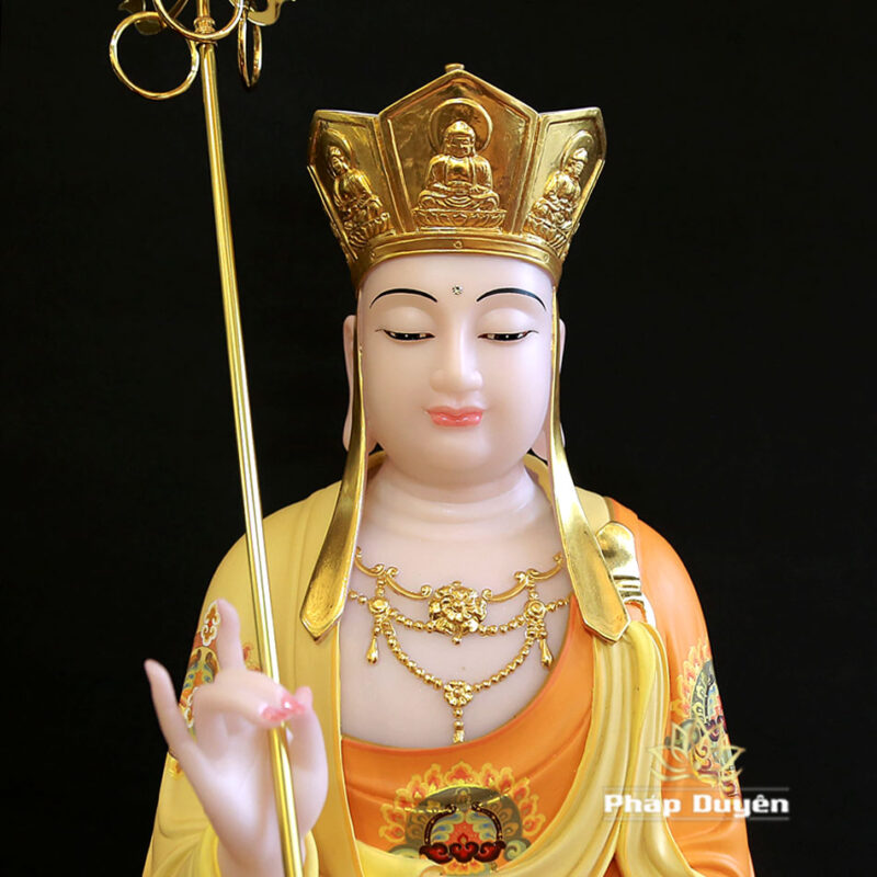 Tượng Địa Tạng Vương Ngồi Đài Sen, Bằng Bột Đá Vẽ Gấm Viền Vàng, Cao 48cm - Ảnh 2